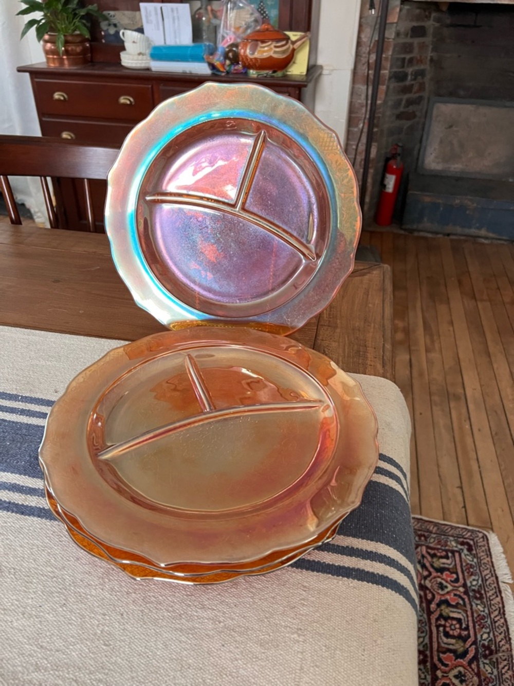 4 Vtg Federal Normandie Marigold Sunburst Carnival Glass Divided Dinner Plates - Picture 3 of 10